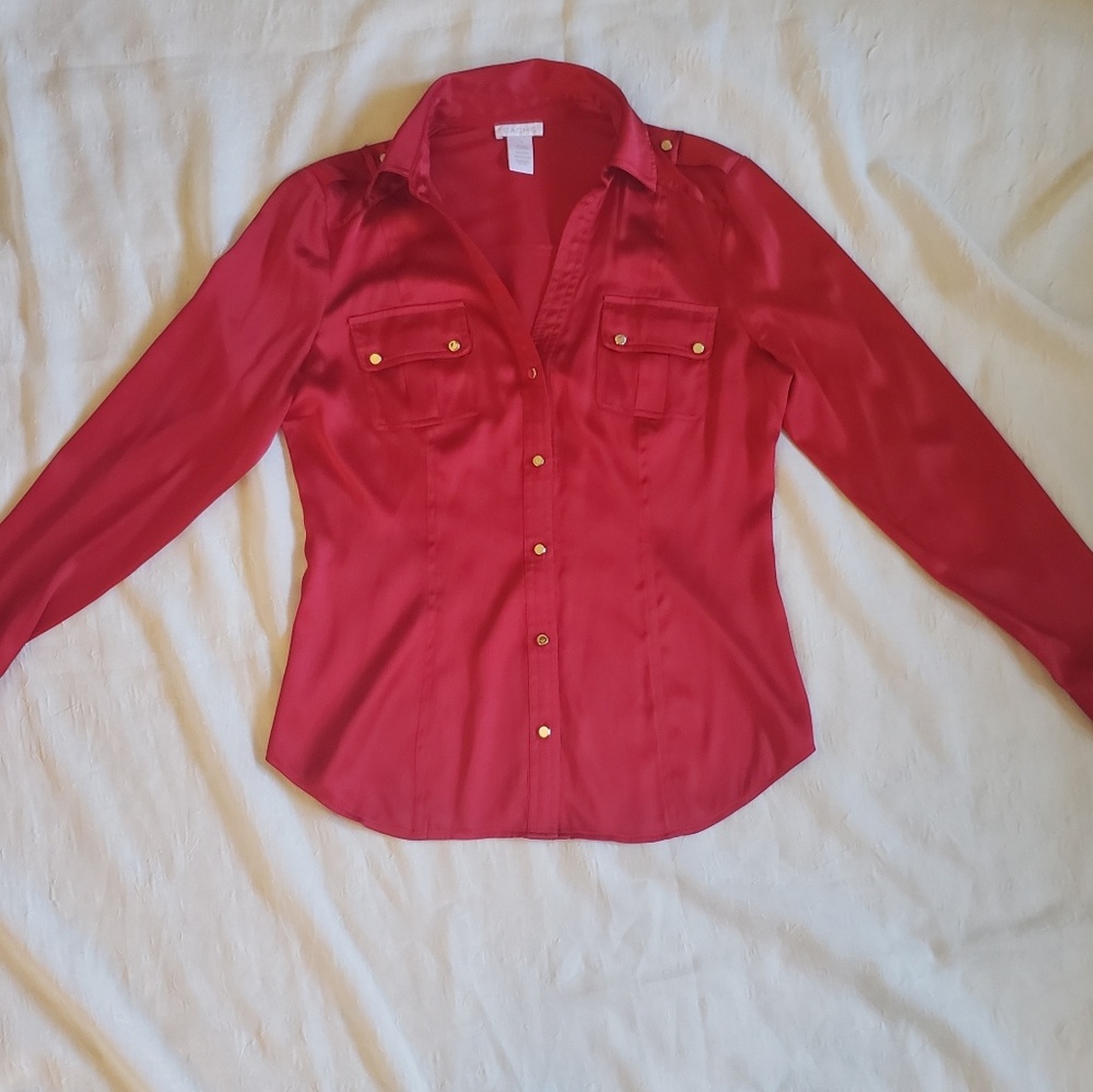 CACH'E Red Silk Button Up Gold Buttons